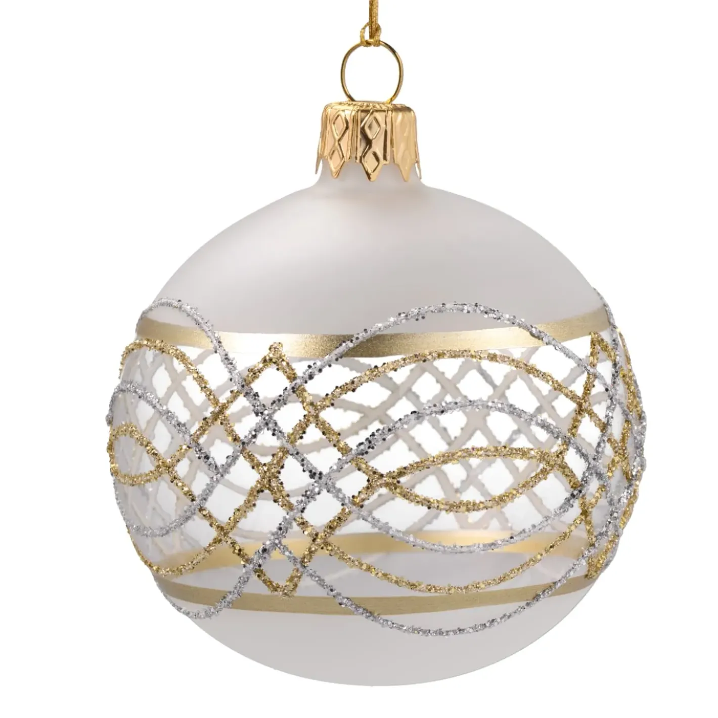 Käthe Wohlfahrt Glaskugel Matt-Weis/Klar Mit Gold-Silberner Verzierung, 6 Cm Hot